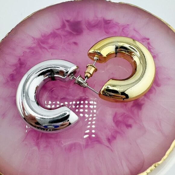 Vintage Puffy Mixed Metal Hoop Earrings Bold Statement Spherical Retro Glam - Picture 8 of 9